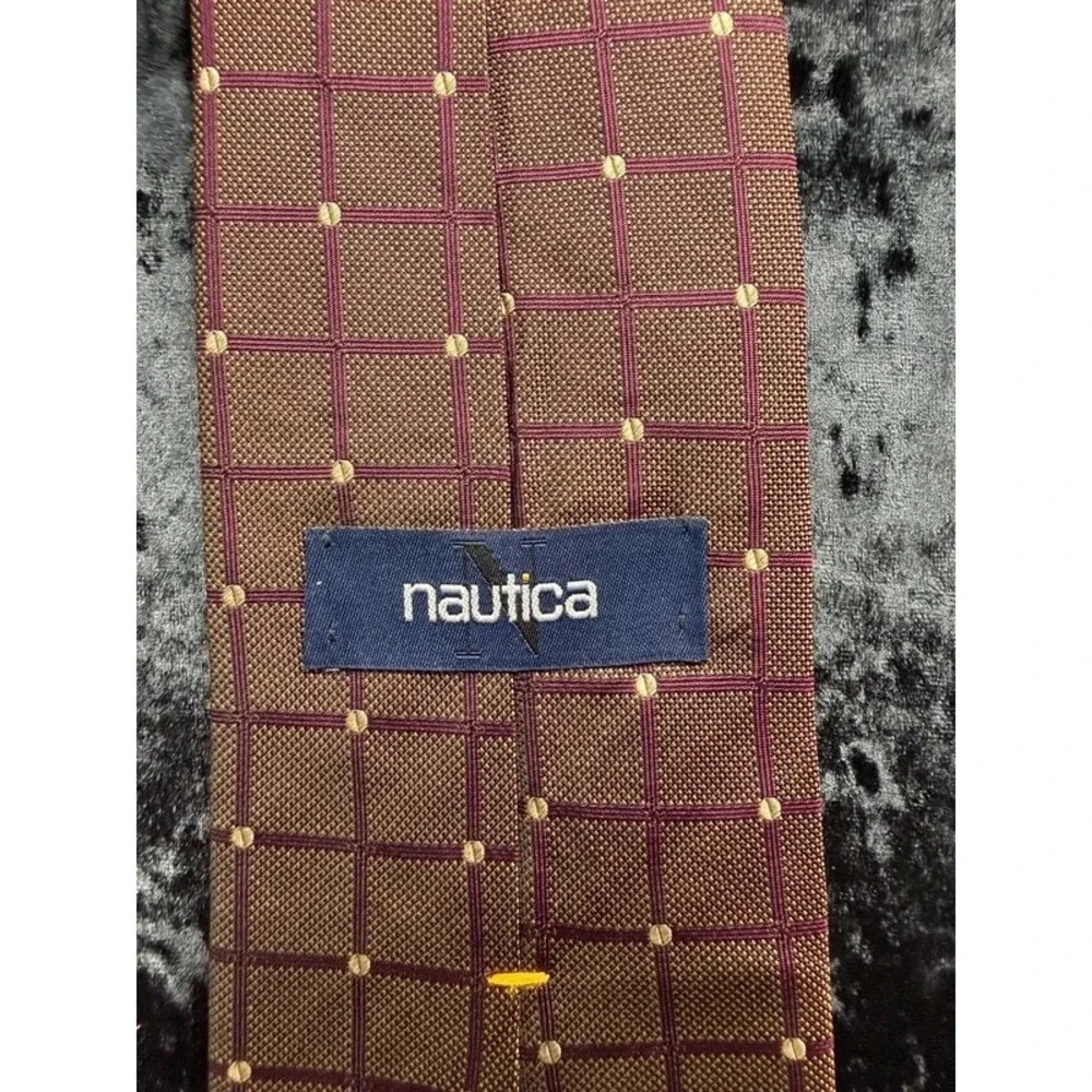 Nautica Men's 100% Silk Tie Brown Purple Grid Geometric Made Austria 4